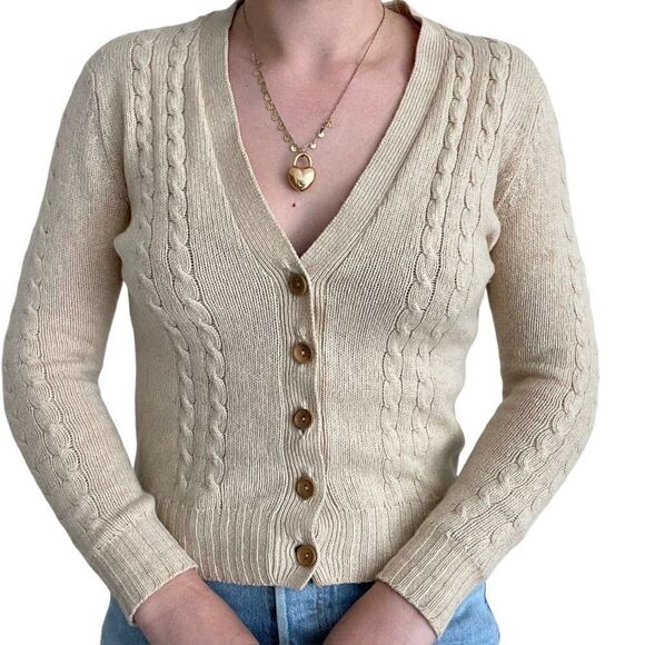 Vintage 1960s Womens Jaeger Cashmere Wool Blend Beige Tan Preppy Cardigan XS - Picture 3 of 8